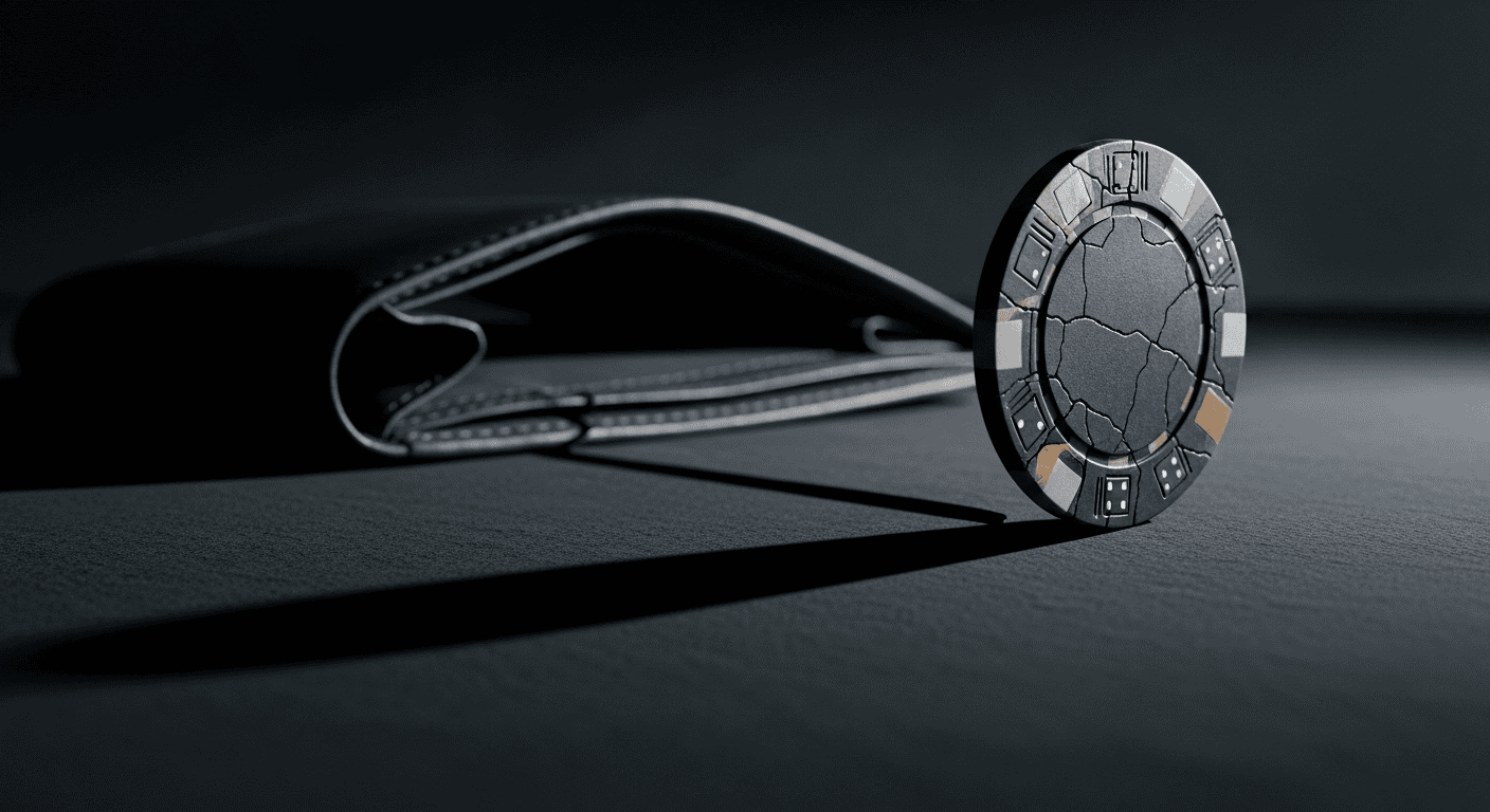 Worn cracked casino chip standing on edge next to empty wallet in somber lighting