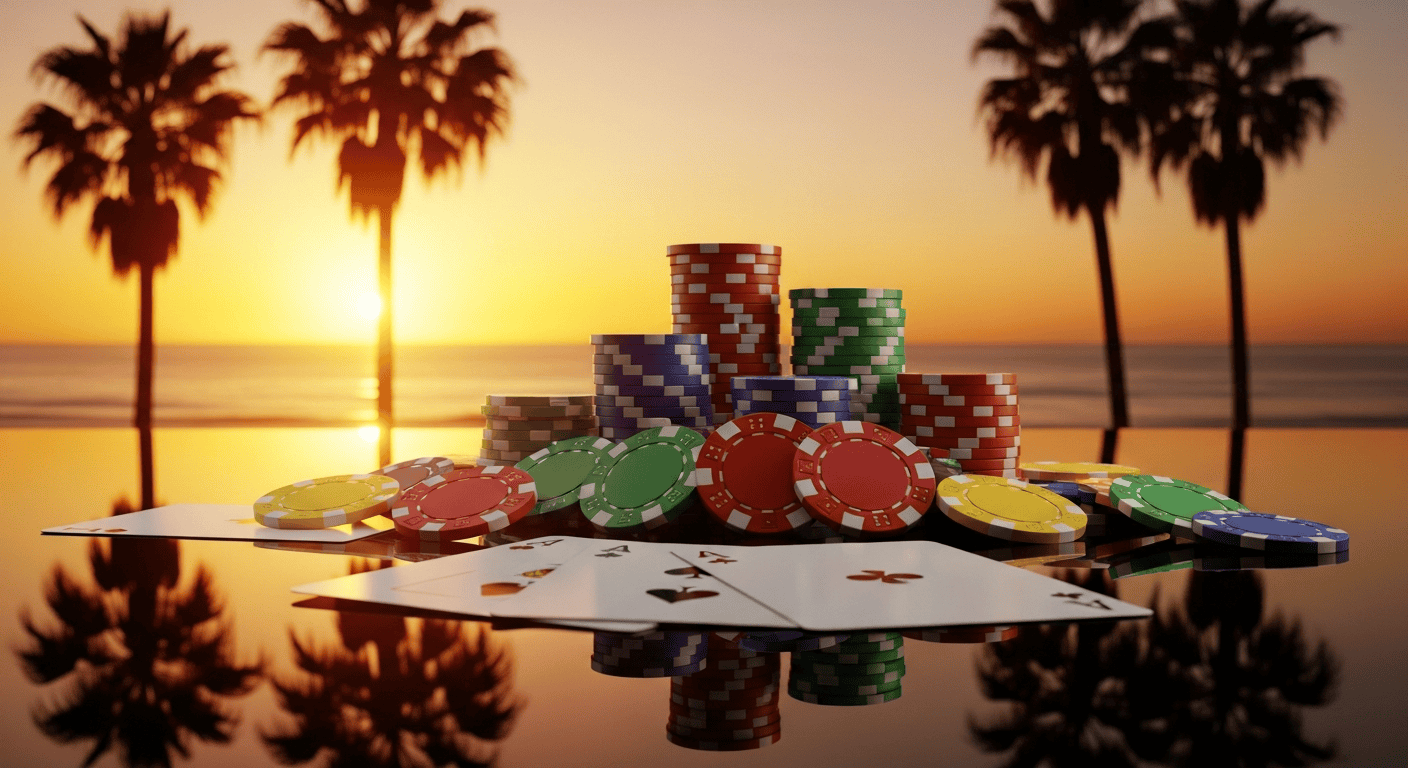 Casino chips and playing cards on reflective surface with California palm tree sunset in background