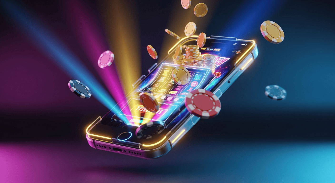 Smartphone displaying glowing casino slot machine with chips and coins flying out of screen