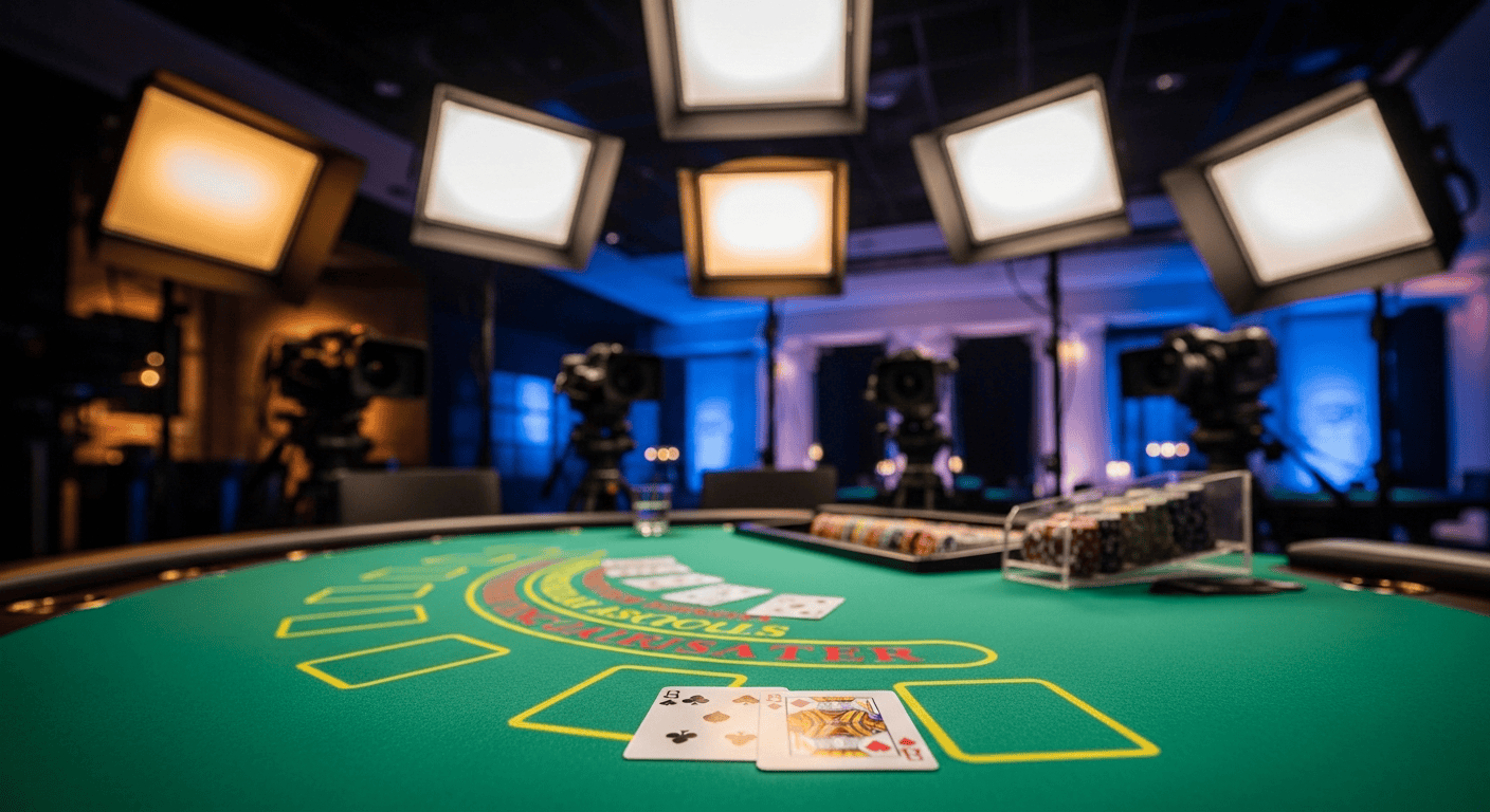 Professional live casino blackjack table with studio cameras and lighting setup