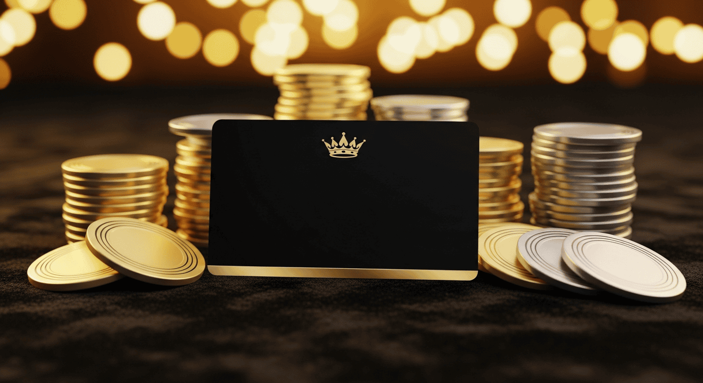 Black and gold VIP casino loyalty card with crown emblem surrounded by gold and platinum chips
