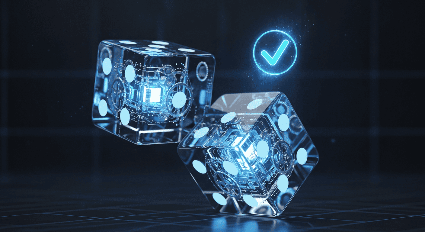 Transparent glass dice with visible internal circuits and glowing verification checkmark