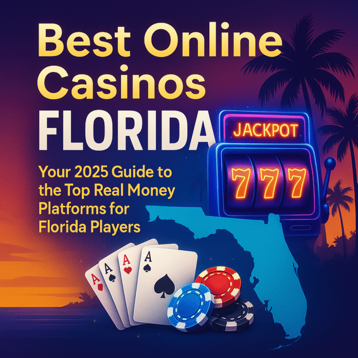 Colorful digital illustration of a Florida-themed online casino scene, featuring palm trees, slot machines, poker chips, and playing cards under a vibrant sunset sky — representing the excitement of real money gaming platforms in Florida