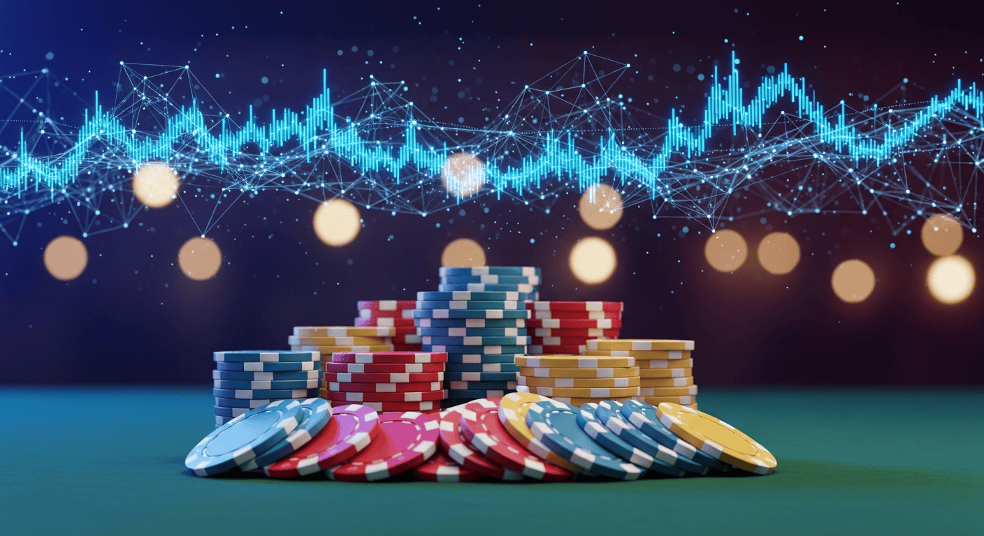 AI-powered casino table with holographic data visualizations and neural network patterns