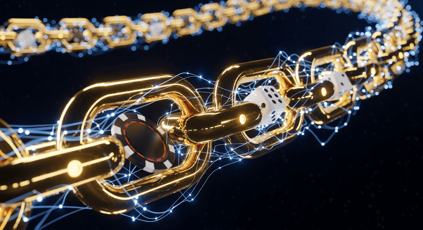 Golden blockchain chain links with casino chips and dice embedded inside each link