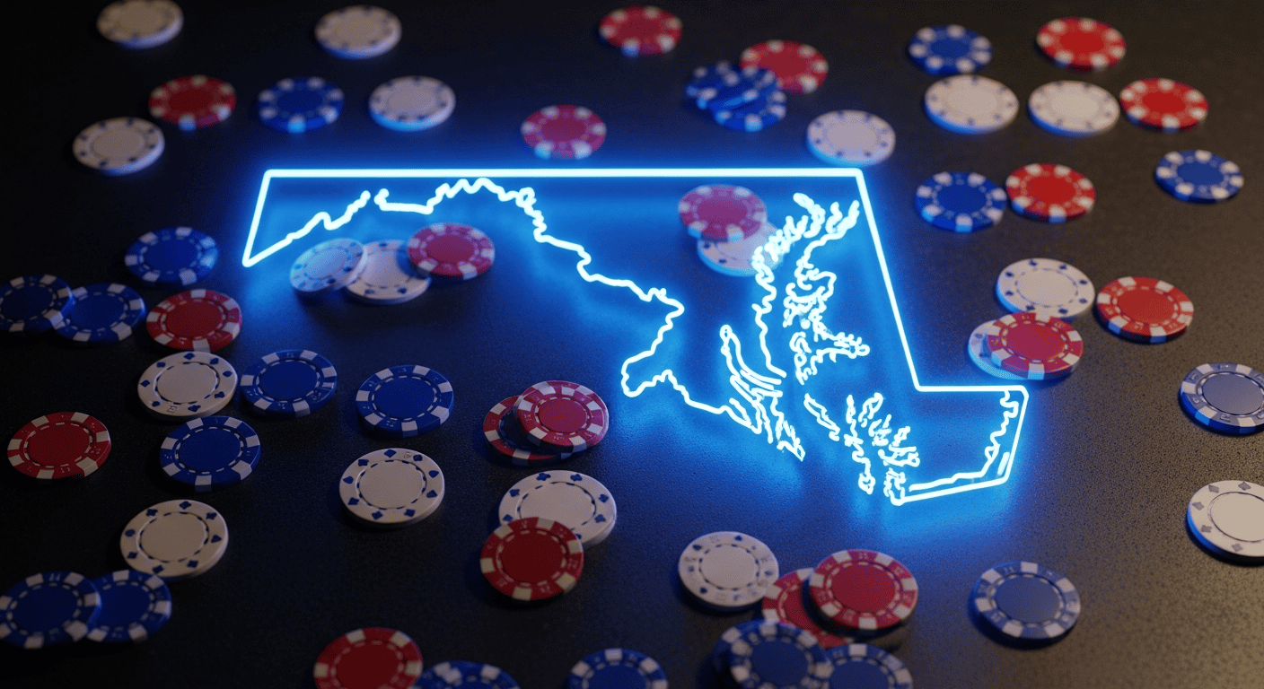 Neon outline of Maryland state map surrounded by red white and blue casino poker chips