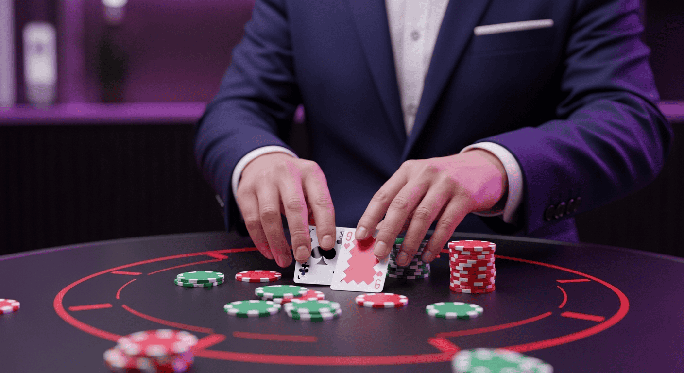 Casino dealer at blackjack table in futuristic purple-lit metaverse casino environment